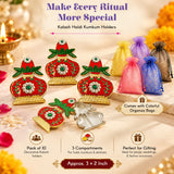 Decorative red and gold kalash haldi kumkum holder with jeweled centers and green leaf accents for pooja thali and gifts