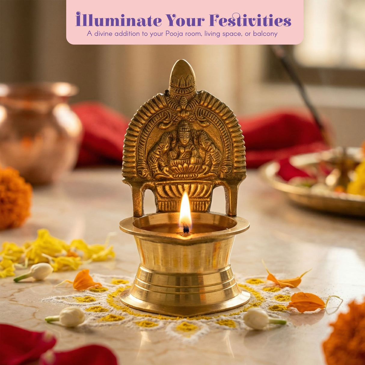 Golden brass oil lamp with intricate deity carving and lit flame for hindu puja and home decor purposes