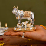 Silver and gold cow and calf figurine for Diwali Pooja decor and auspicious gifts