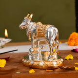Silver and gold cow and calf figurine for Diwali Pooja decor and auspicious gifting