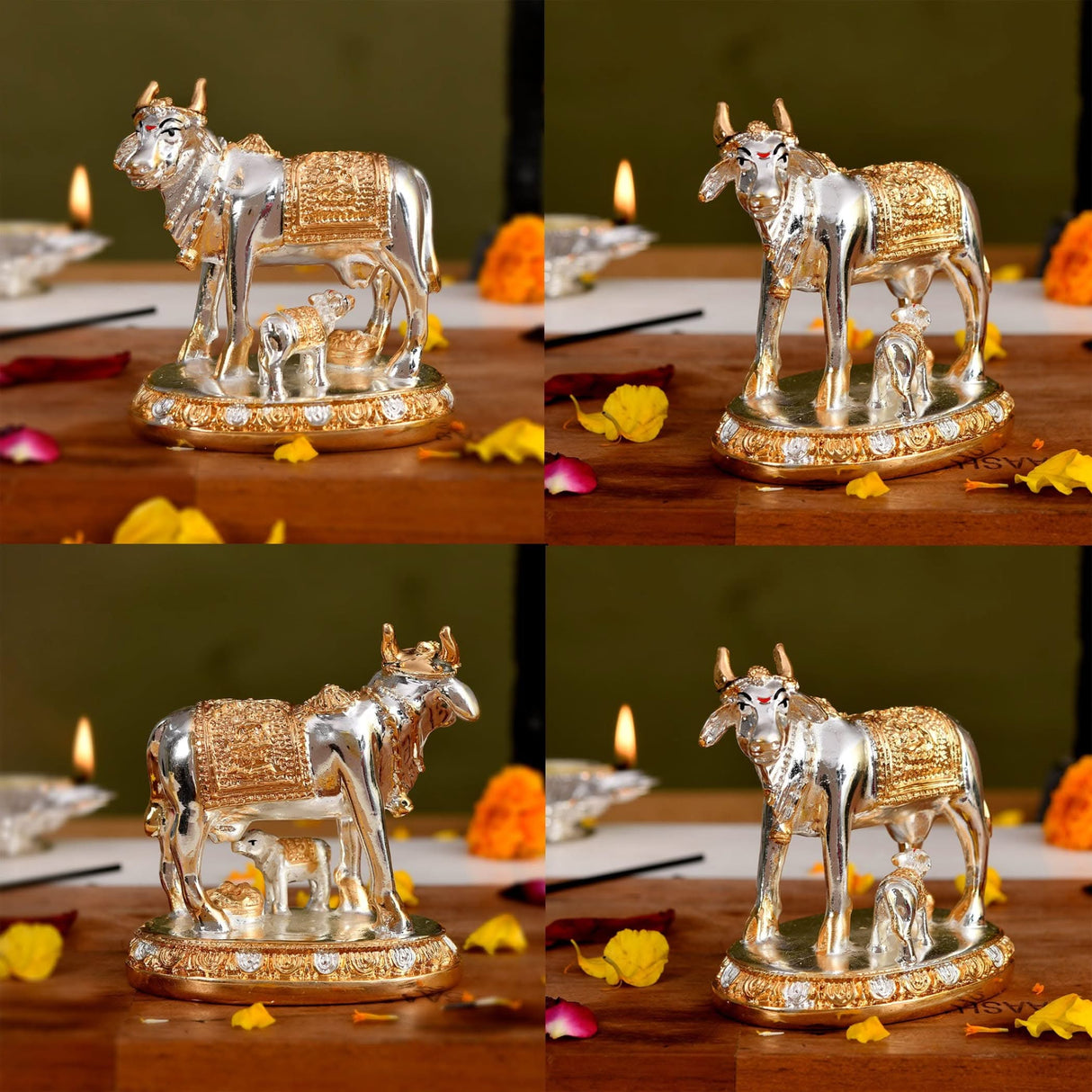 Silver and gold cow and calf figurine for Diwali Pooja and auspicious decor