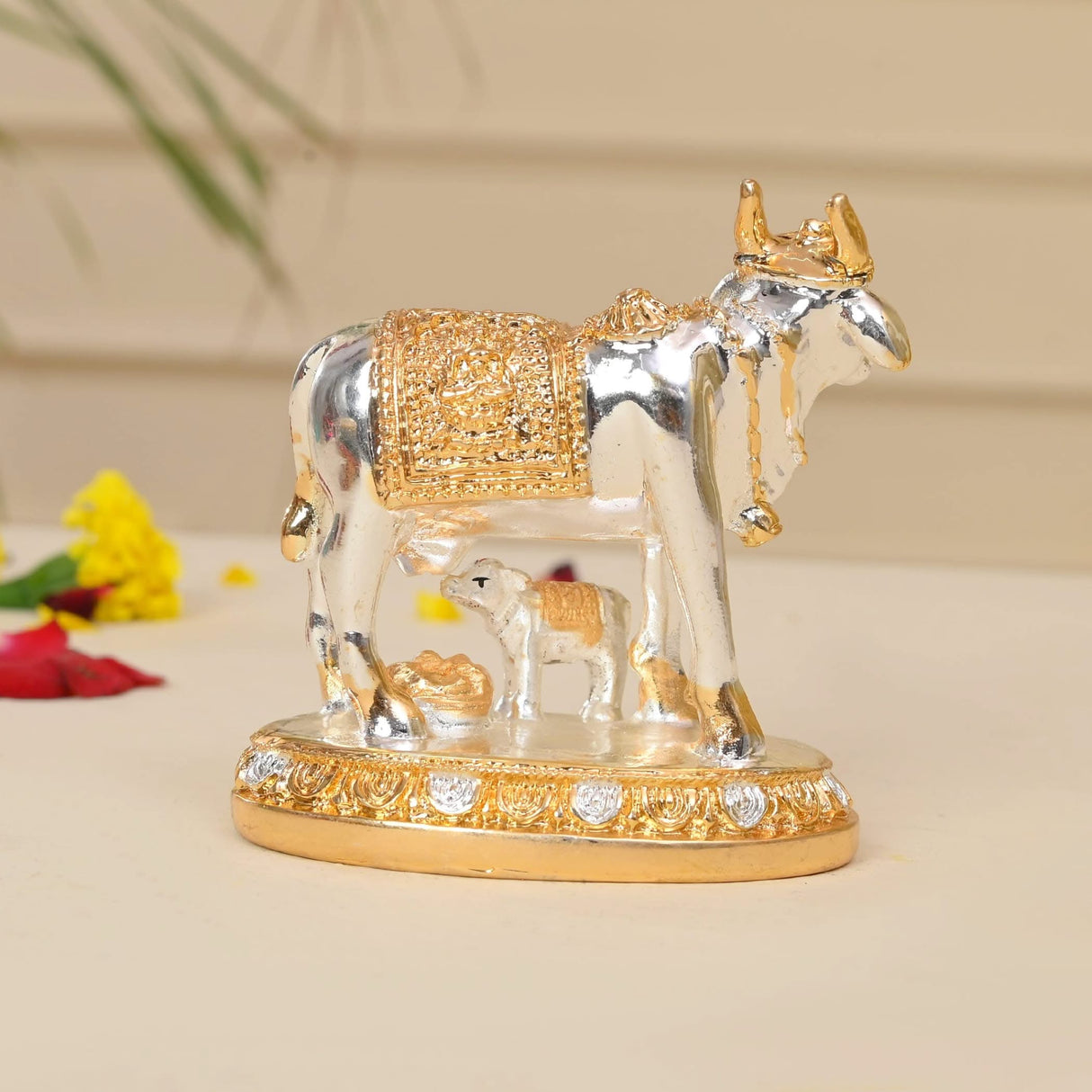 Silver and gold cow and calf figurine for home decor and auspicious gifting events