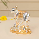 Silver and gold cow and calf figurine for home, temple, or festive decor