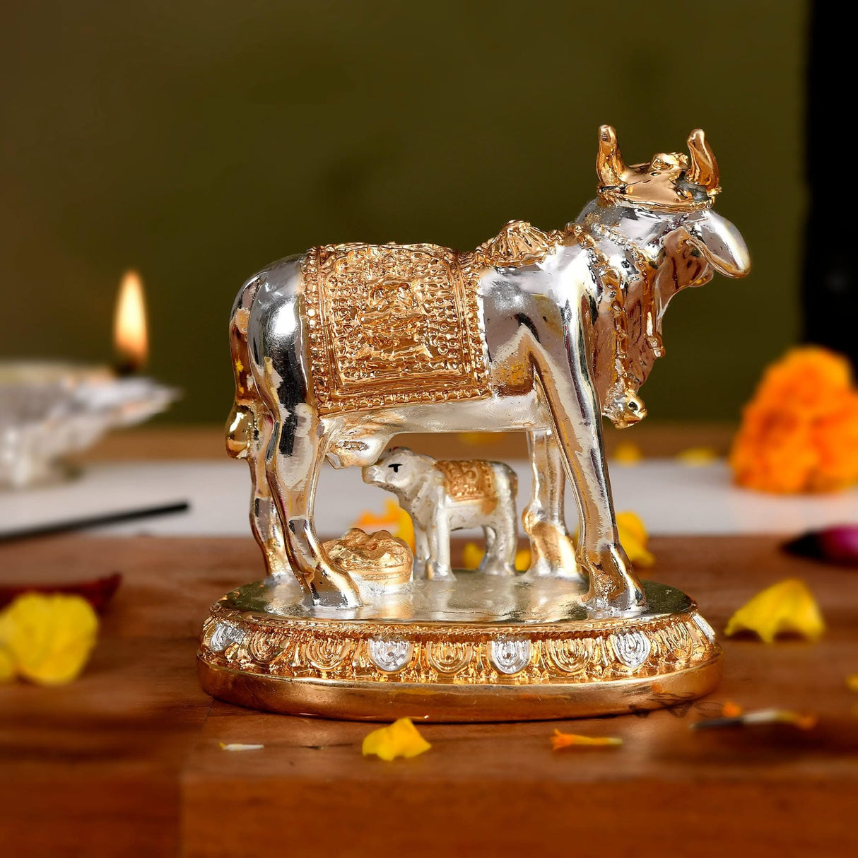 Silver and gold Cow and Calf figurine decorative idol for Diwali and festive decor