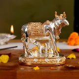 Silver and gold Cow and Calf figurine decorative idol for Diwali and festive decor
