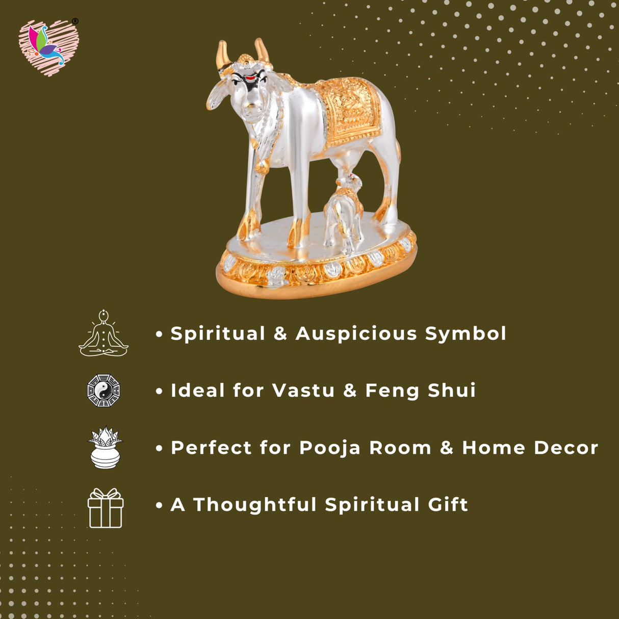 Silver and gold cow figurine for Kamadhenu idol decor and auspicious gift purposes