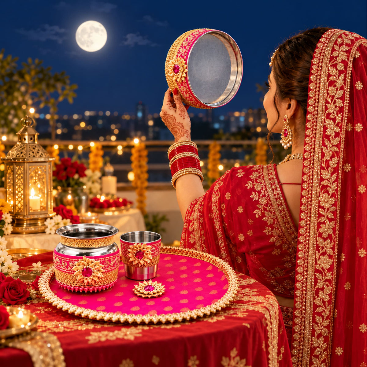 Karwa chauth pooja thali set featuring a round ornate mirror with vibrant pink gold floral border and red gemstone accents