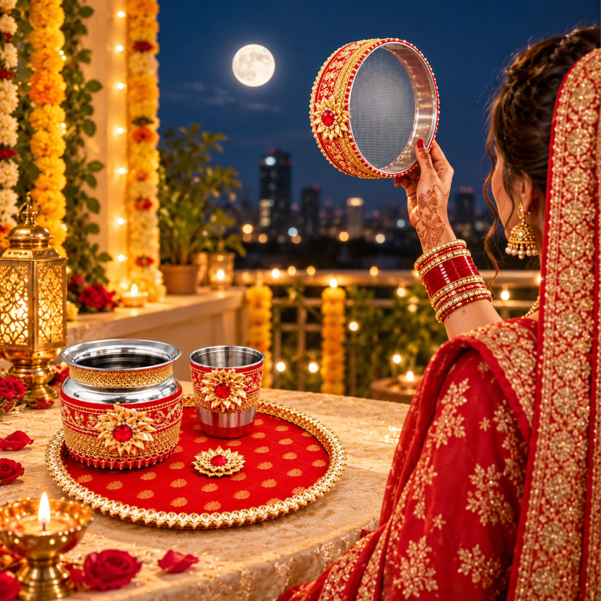 Red and gold ornate ceremonial sieve with intricate floral embroidery in karwa chauth pooja thali set for women