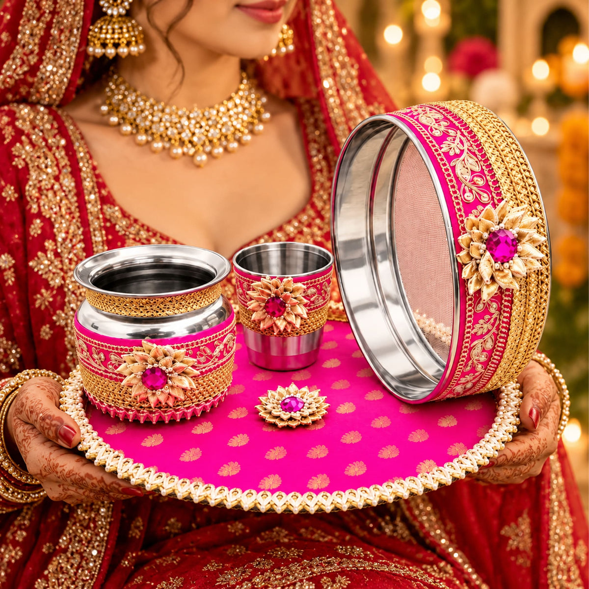 Pink and gold karwa chauth pooja thali set with floral embellishments and central ruby gemstone for traditional gifting