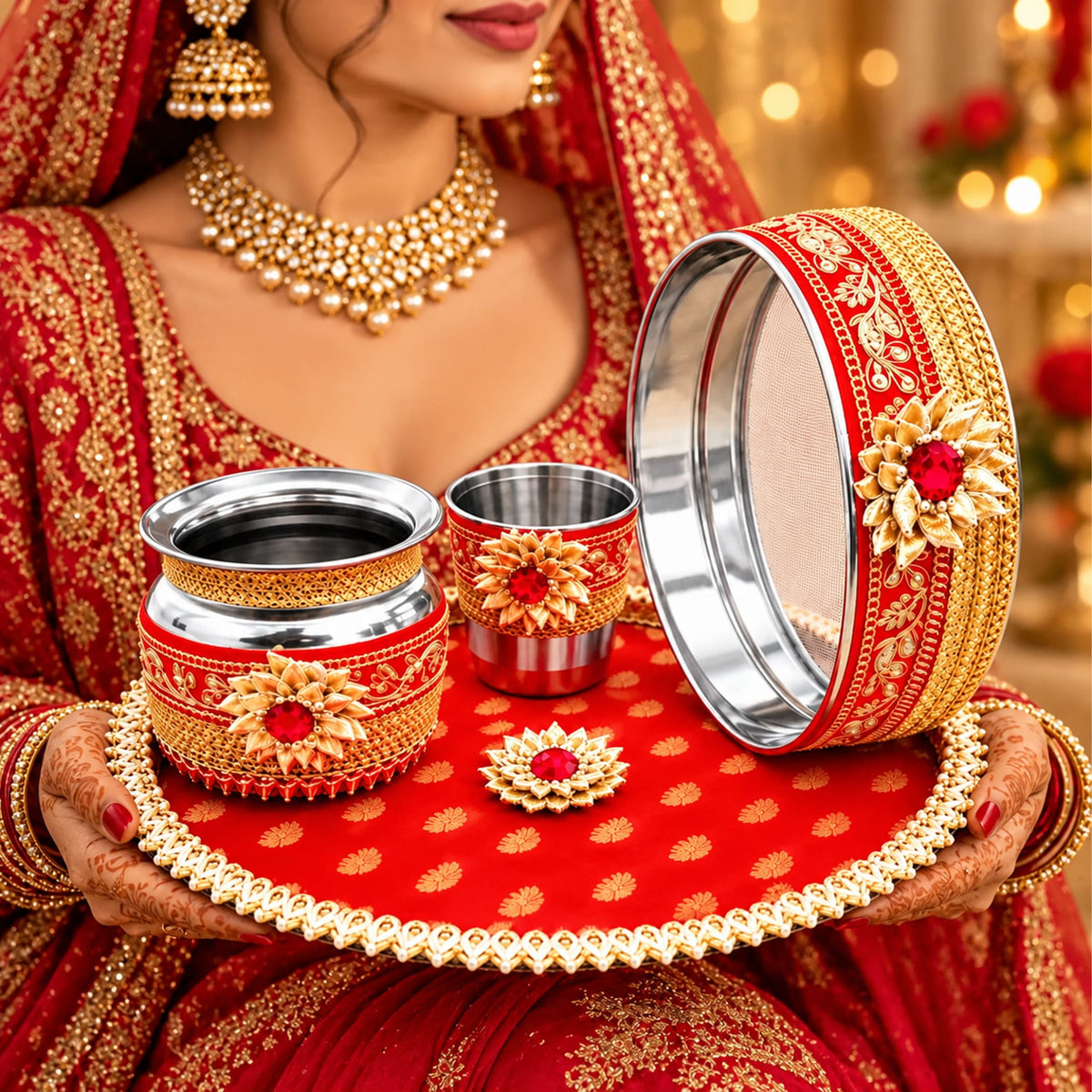 Red and gold ornate ceremonial karwa chauth pooja thali set with intricate floral embellishments for traditional gifting
