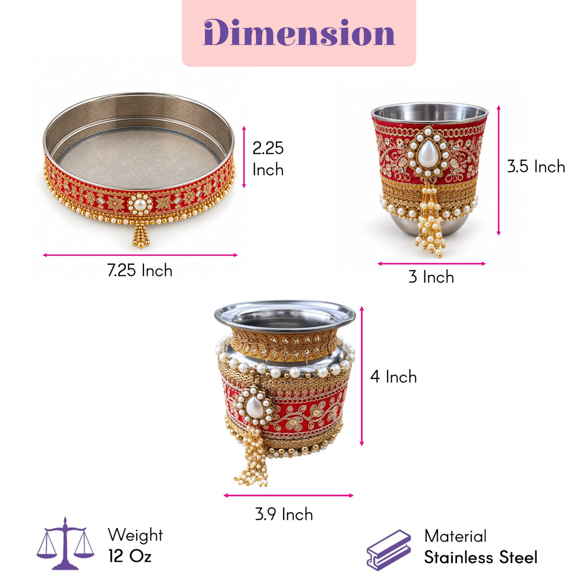 Red and gold ornate stainless steel ceremonial cups with pearl embellishments in karwa chauth pooja thali set for women