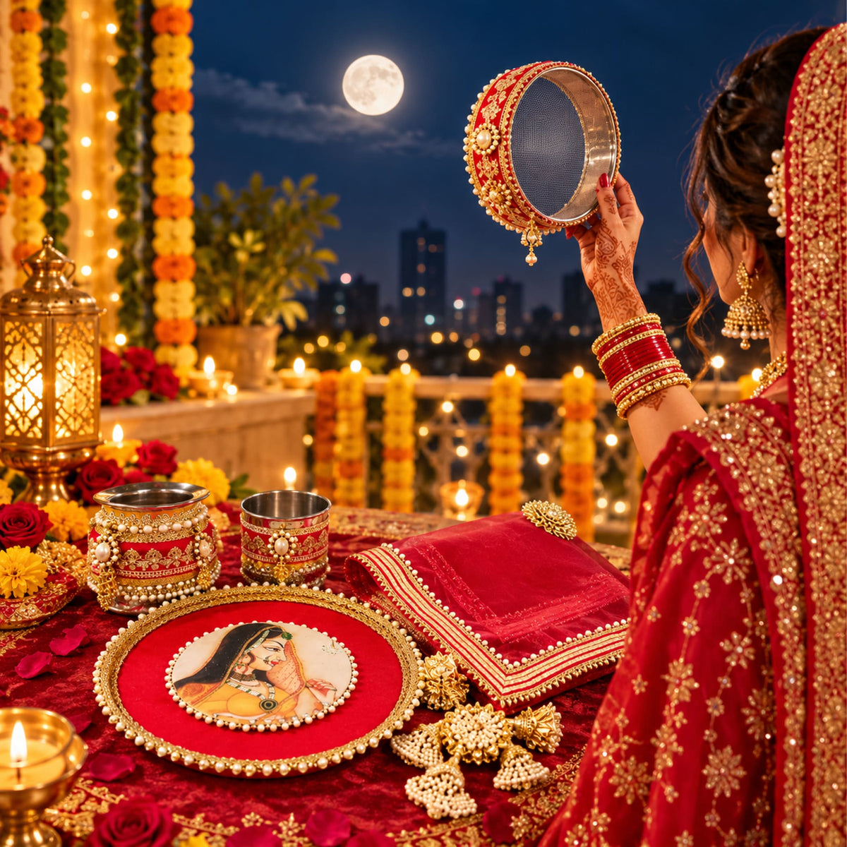 A decorative red and gold circular mirror with intricate beadwork and dangling pearls in karwa chauth pooja thali set