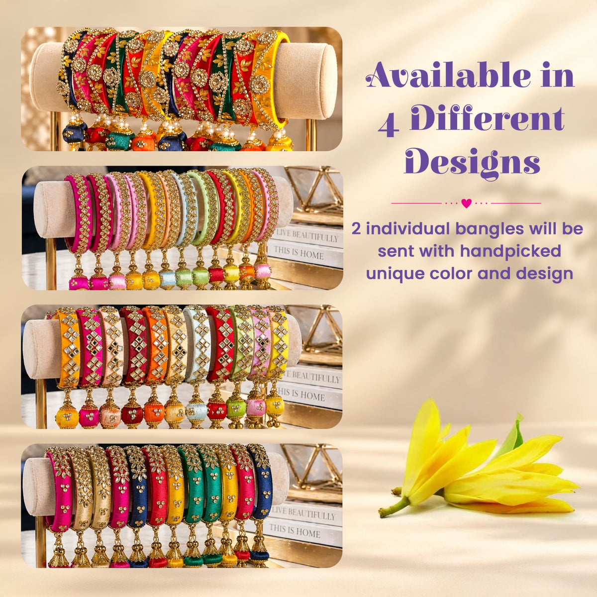Vibrant intricately embroidered bangles in assorted colors with gold-toned embellishments for karwa chauth pooja thali set