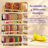 Vibrant intricately embroidered bangles in assorted colors with gold-toned embellishments for karwa chauth pooja thali set