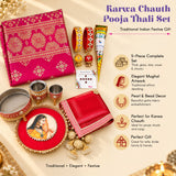 Traditional karwa chauth pooja thali set with vibrant pink and gold mughal embroidery and festive gifting accessories