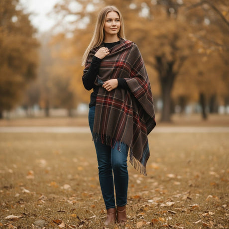 Brown and red plaid woolen pashmina shawl with fringed edges perfect for christmas gift and bridal wrap