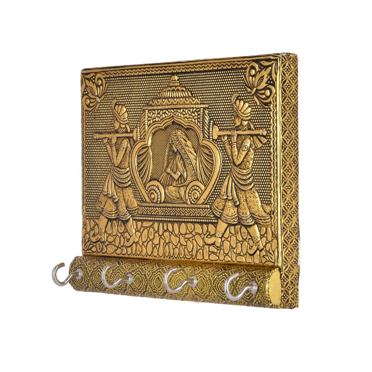 Handcrafted Indian Doli key holder with ornate golden musicians design, 4 hooks