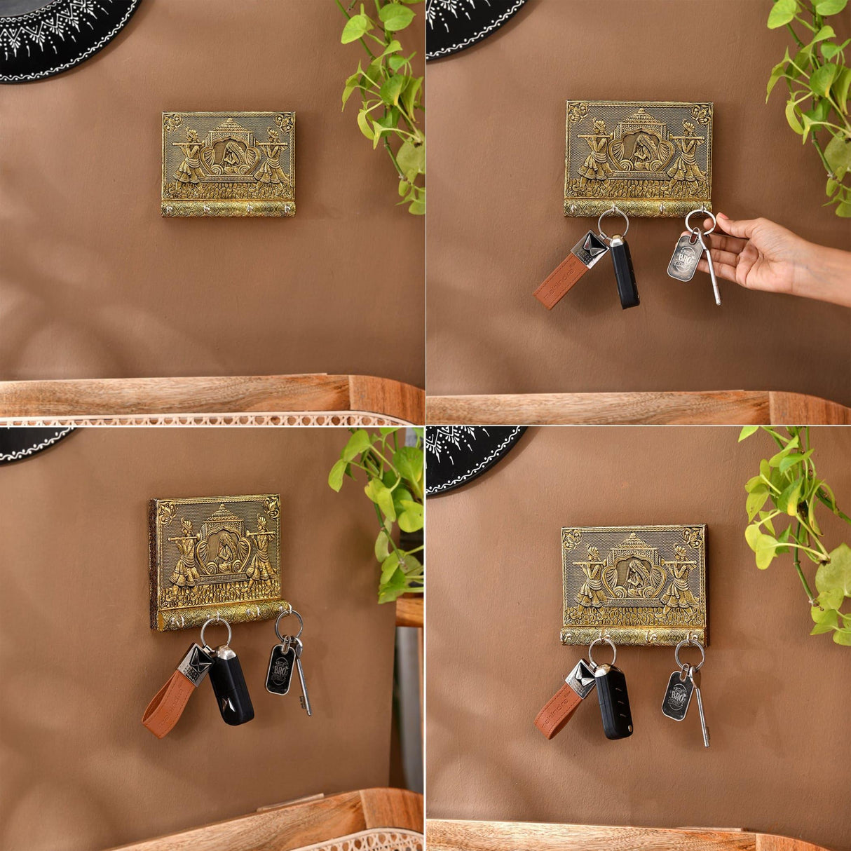 Handcrafted Indian doli brass key holder with embossed figures, 4 hooks