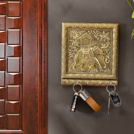 Gold elephant key holder with floral design and 5 magnetic hooks