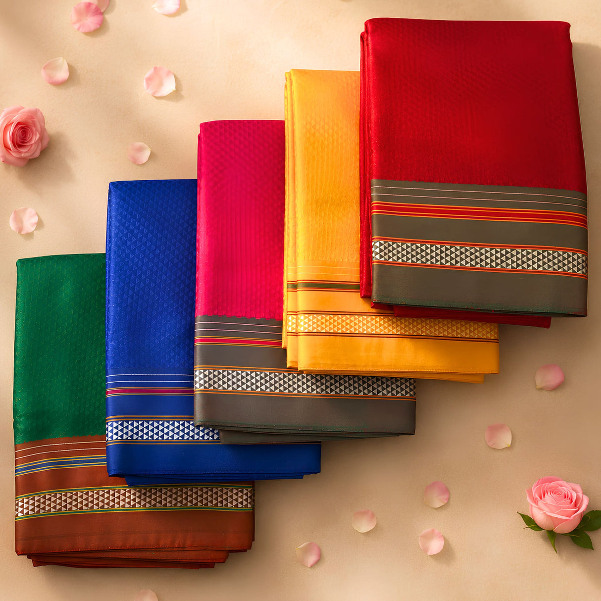 A vibrant array of unstitched khun pattern silk blouse pieces in red yellow blue green and pink with geometric borders