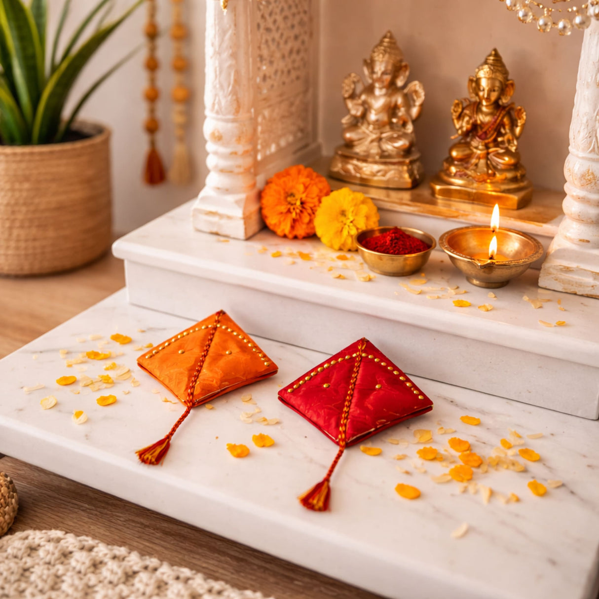 Two diamond-shaped embroidered haldi kumkum packets in orange and red with gold thread and tassels for indian wedding rituals
