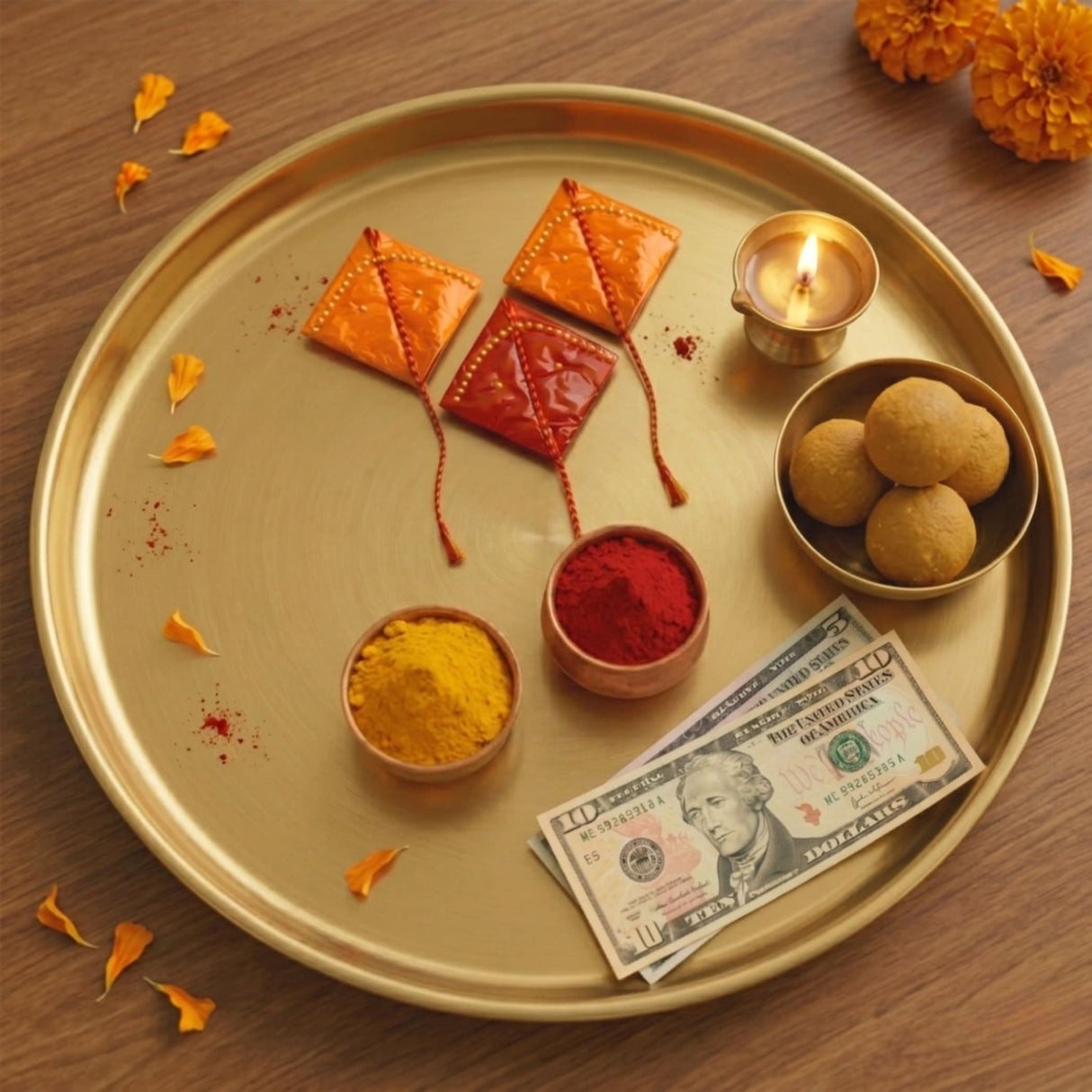 Gold-colored metal tray with haldi kumkum kite style mini packets bowls of colored powders lit oil lamp sweets and us dollar bills for hindu wedding festive essentials