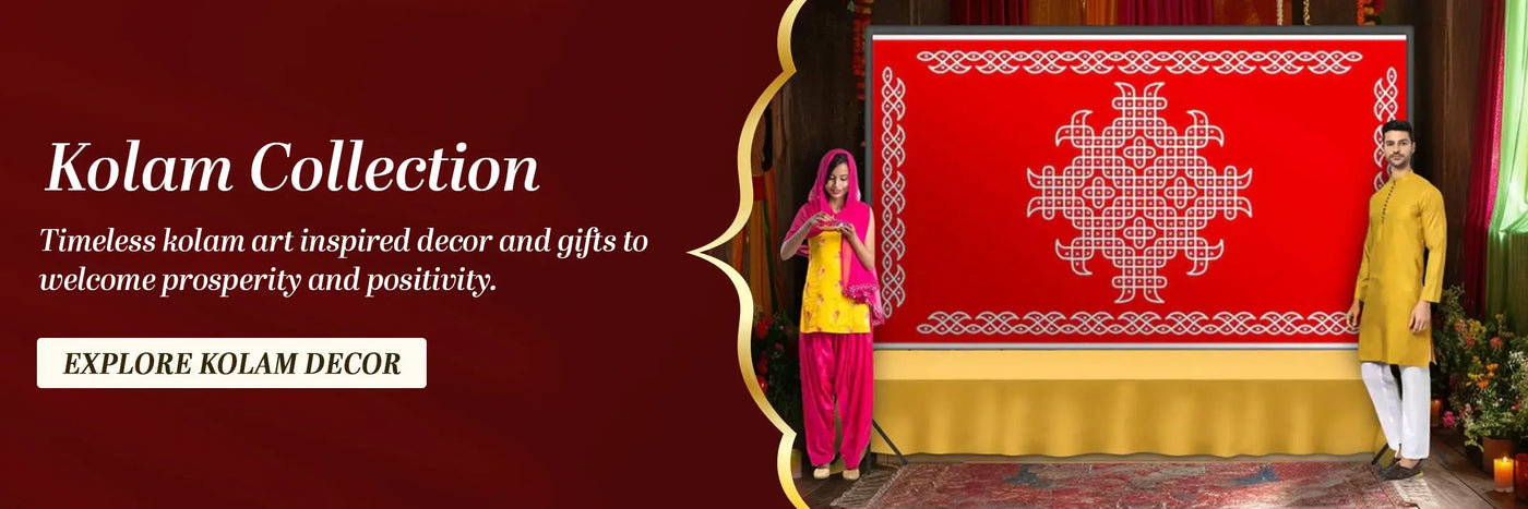 Pooja backdrop with two people standing in front, on a maroon background.