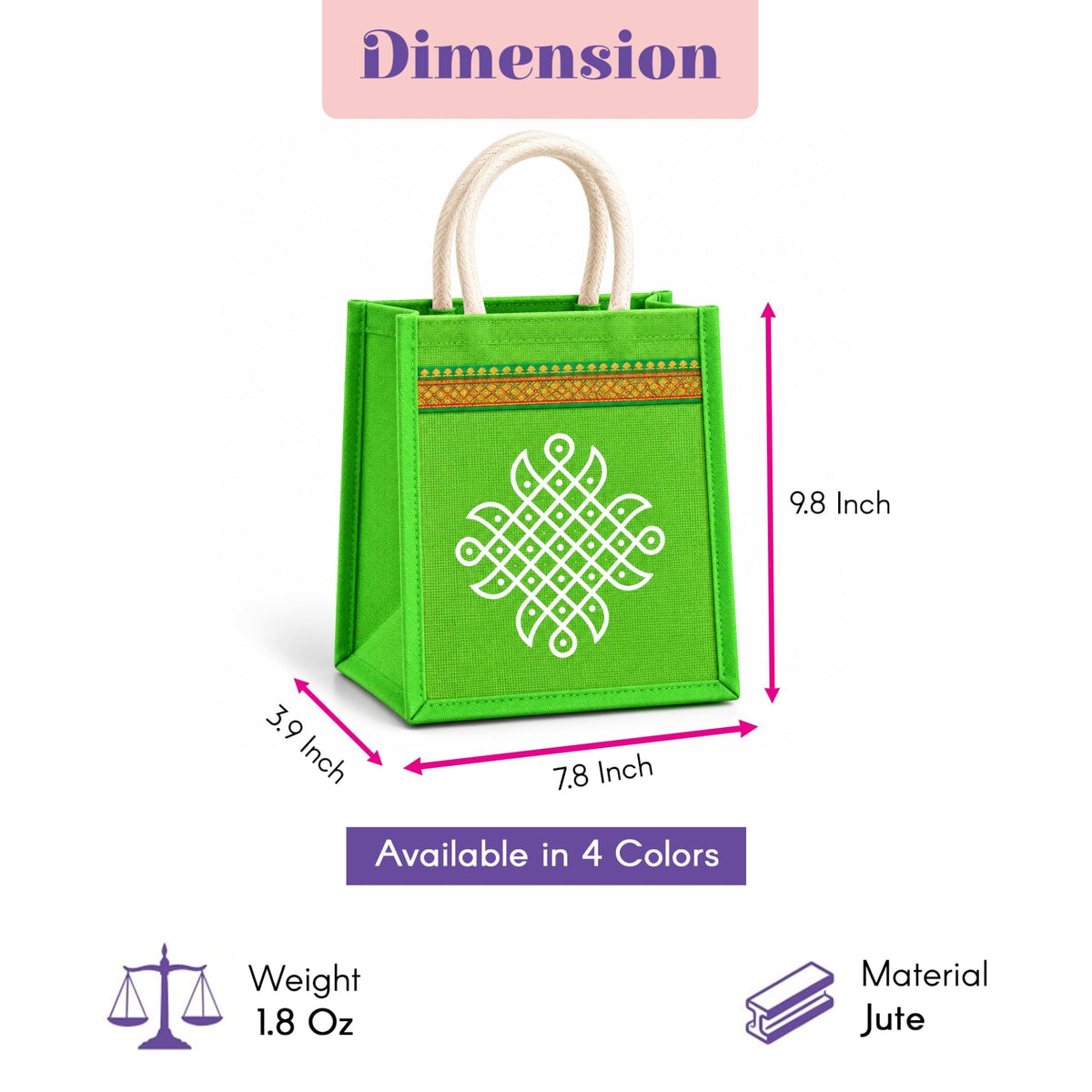 Bright green jute tote bag with white geometric embroidery and orange-brown trim ideal for traditional Indian gifts