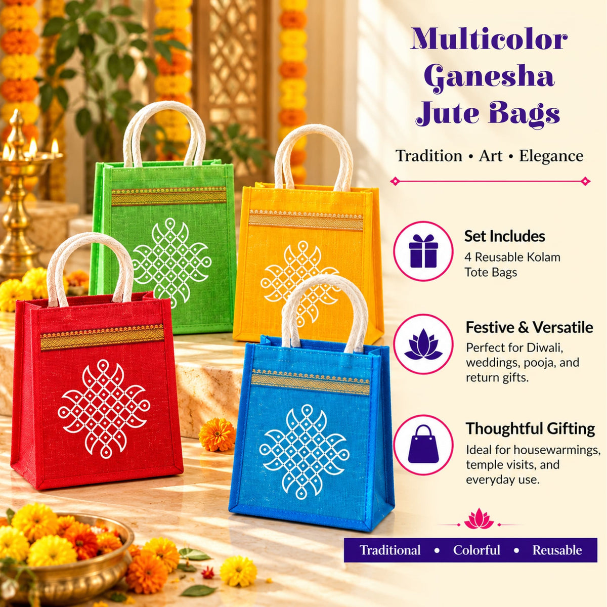 Multicolor ganesha jute tote bags with white geometric embroidery and gold trim ideal for traditional Indian gifts