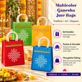 Multicolor ganesha jute tote bags with white geometric embroidery and gold trim ideal for traditional Indian gifts