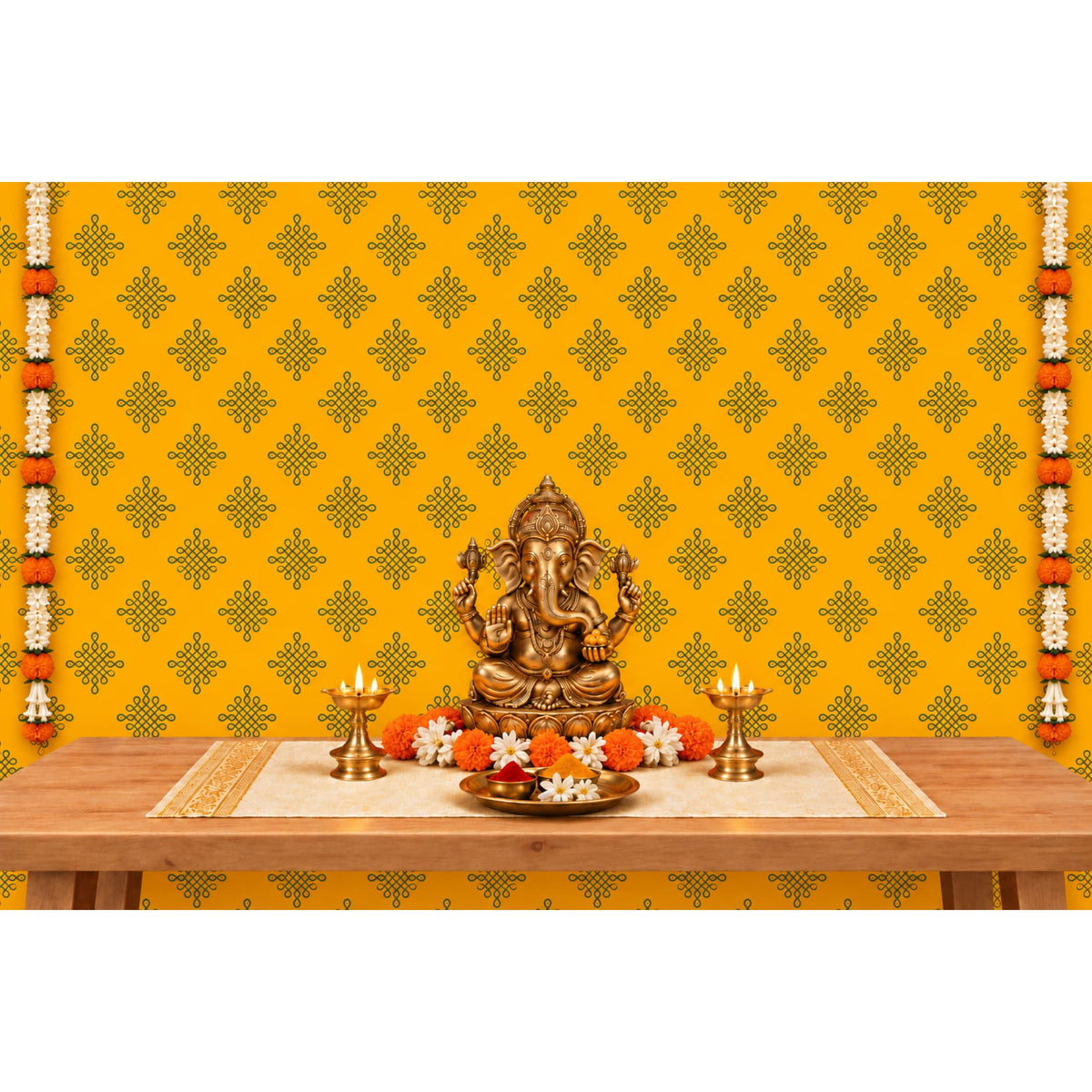 Golden brass statue of lord ganesha seated in a meditative pose with four arms and intricate detailing for pooja decor