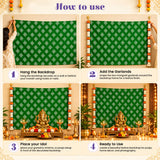 Green patterned kolam rangoli print fabric backdrop with artificial marigold and jasmine garlands for diwali decor