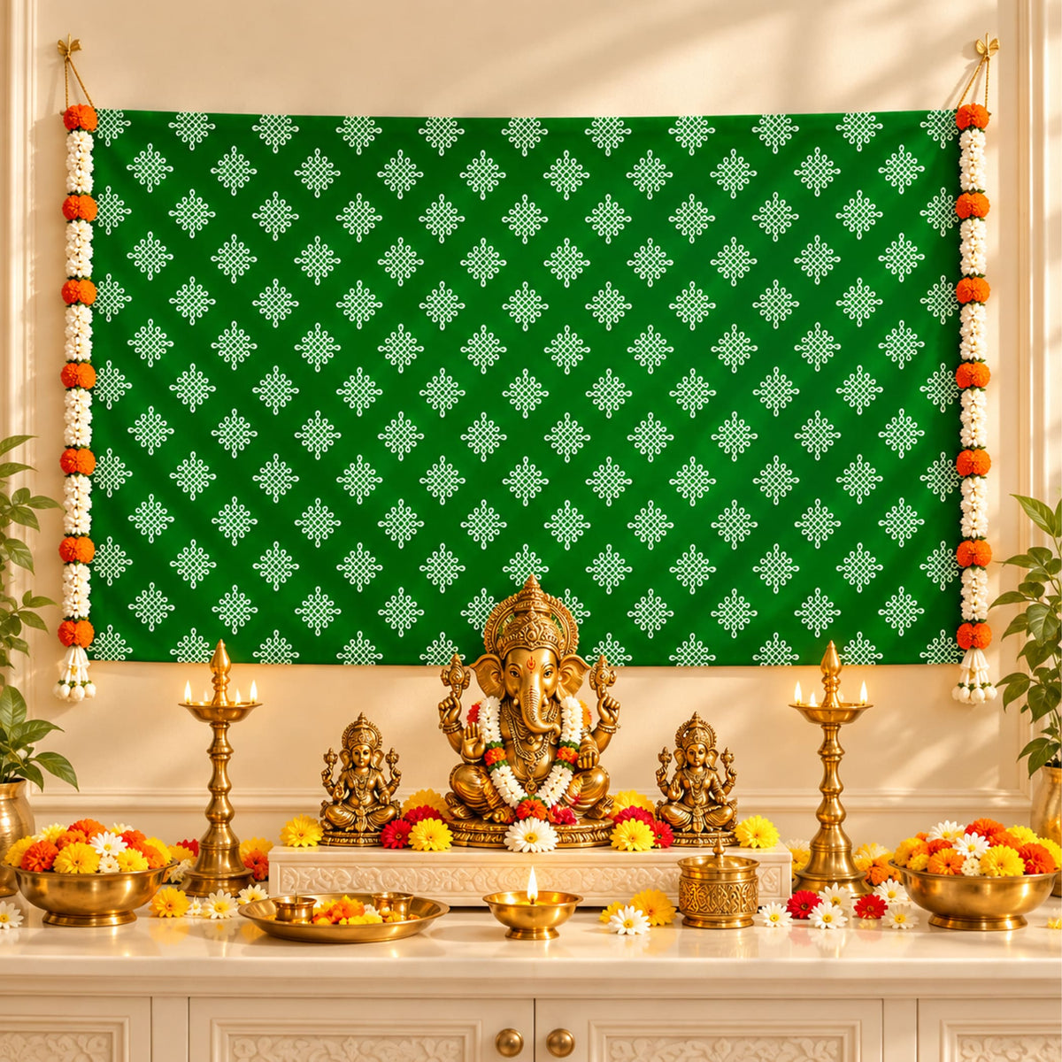 Golden ganesha idol adorned with floral garland seated on ornate pedestal with kolam rangoli print backdrop and artificial garlands