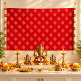 Golden ganesha statue adorned with floral garland seated on ornate pedestal with kolam rangoli print backdrop and artificial marigold jasmine garlands for diwali pooja weddings housewarming