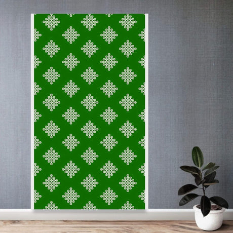 Green wall decal with a repeating white geometric pattern for kolam rangoli backdrop and festival decorations