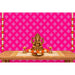 Golden ganesha statue with intricate detailing and traditional seated pose featured with kolam rangoli backdrop and floral garlands