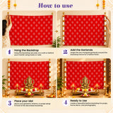 Kolam rangoli print backdrop in red with gold diamond motifs and artificial marigold jasmine garlands for diwali and weddings