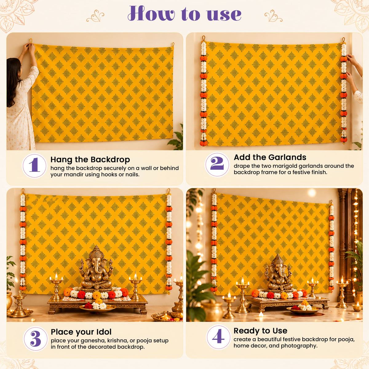 Yellow patterned kolam rangoli print fabric backdrop with gold leaf design and artificial marigold jasmine garlands for diwali pooja weddings