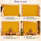 Yellow patterned kolam rangoli print fabric backdrop with gold leaf design and artificial marigold jasmine garlands for diwali pooja weddings