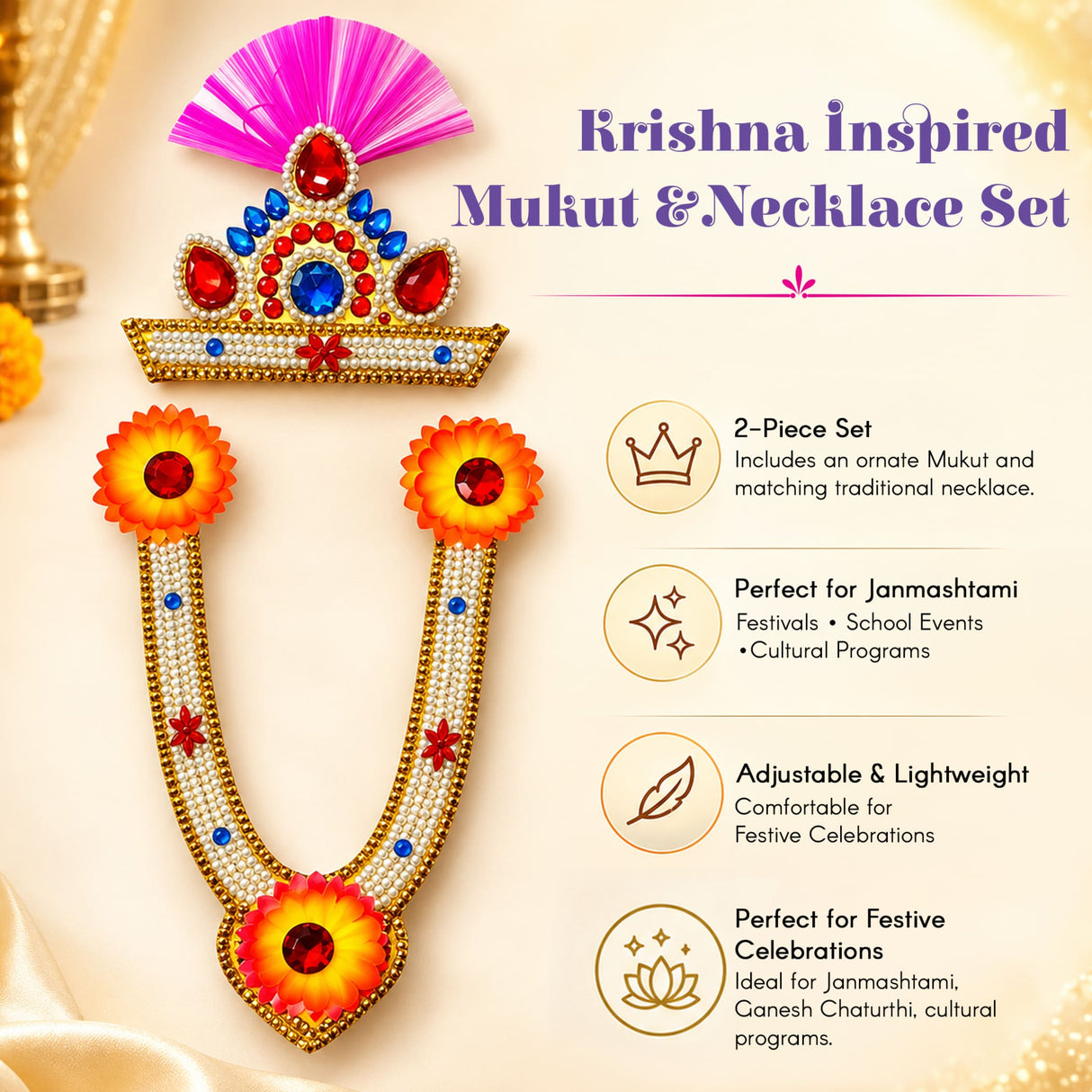 Krishna-inspired jewelry set featuring a vibrant pink feathered mukut with gemstones and a golden floral necklace for Janmashtami