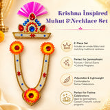 Krishna-inspired jewelry set featuring a vibrant pink feathered mukut with gemstones and a golden floral necklace for Janmashtami