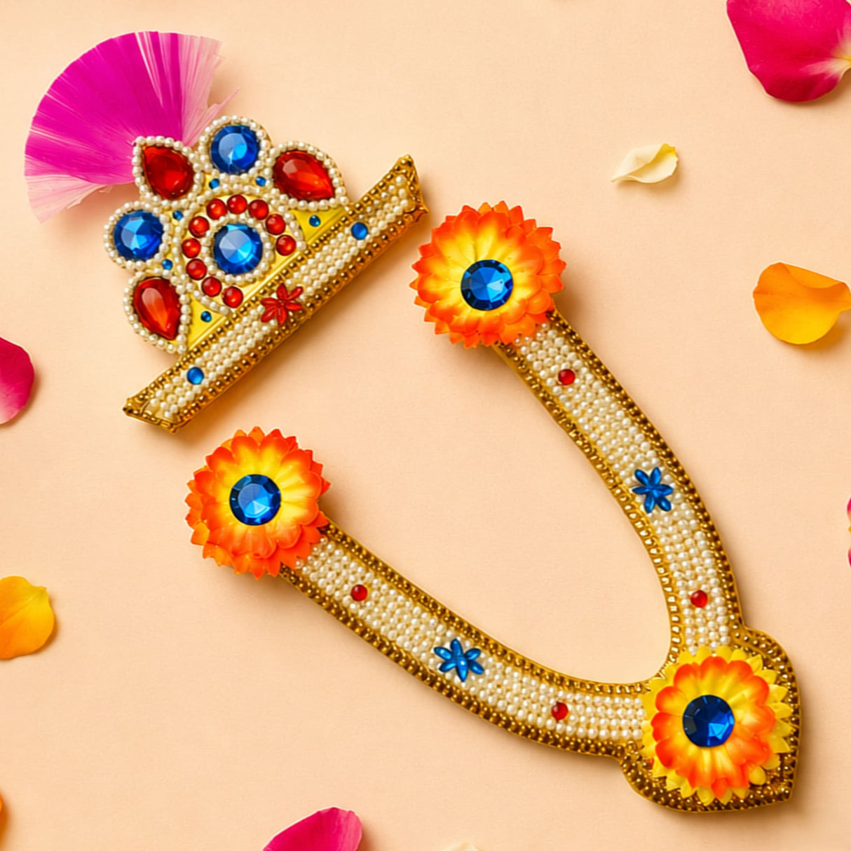Jewelry set for janmashtami ganesh chaturthi featuring gold-colored beaded crown and u-shaped headpiece with gemstones