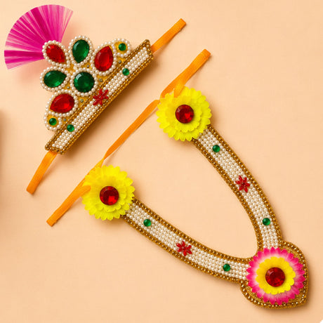 Krishna Janmashtami mukut and mala jewelry set featuring a vibrant beaded crown with red green gems and pearl necklace