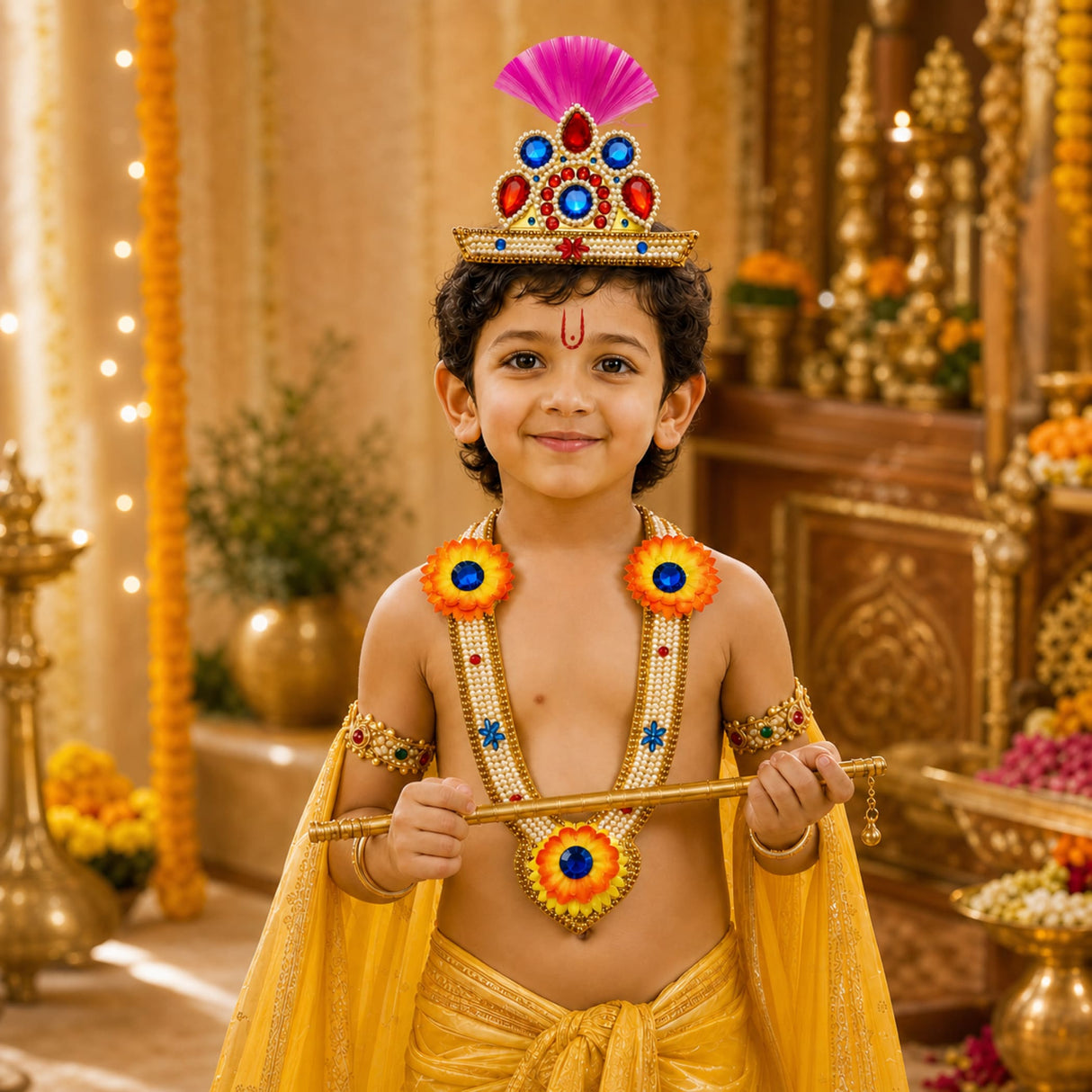 A young boy wearing a vibrant yellow dhoti and a golden crown with pink feathers in a janmashtami jewelry set
