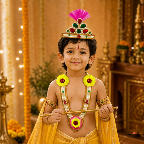 A young child in vibrant yellow traditional outfit wearing krishna janmashtami mukut and mala jewelry set with gold and gemstone details