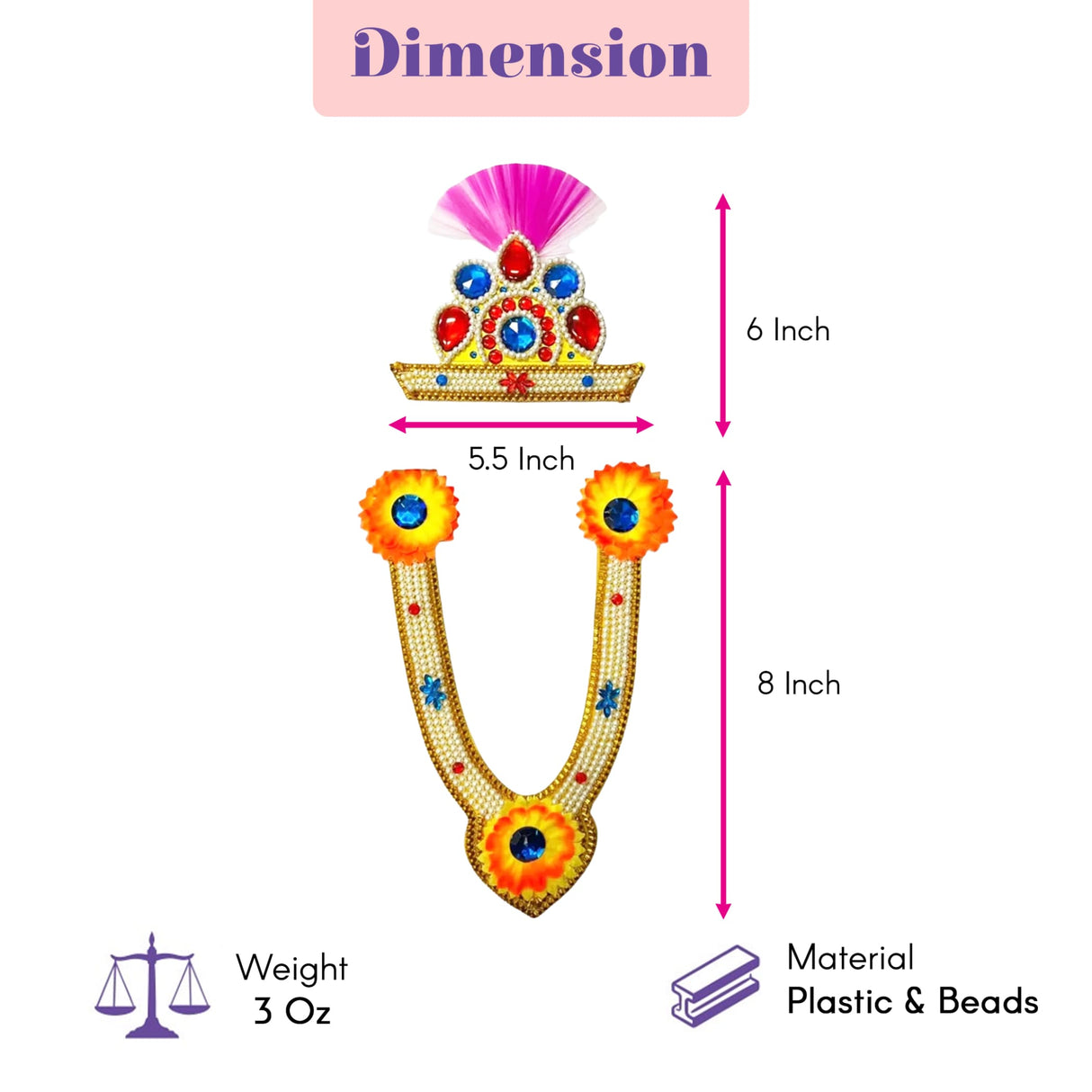Gold-colored plastic and bead jewelry set with pink feather plume blue and red gemstones for janmashtami ganesh chaturthi celebration