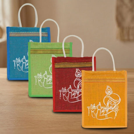 Four colorful jute tote bags with white krishna flute player print and gold trim for indian wedding favor gifts