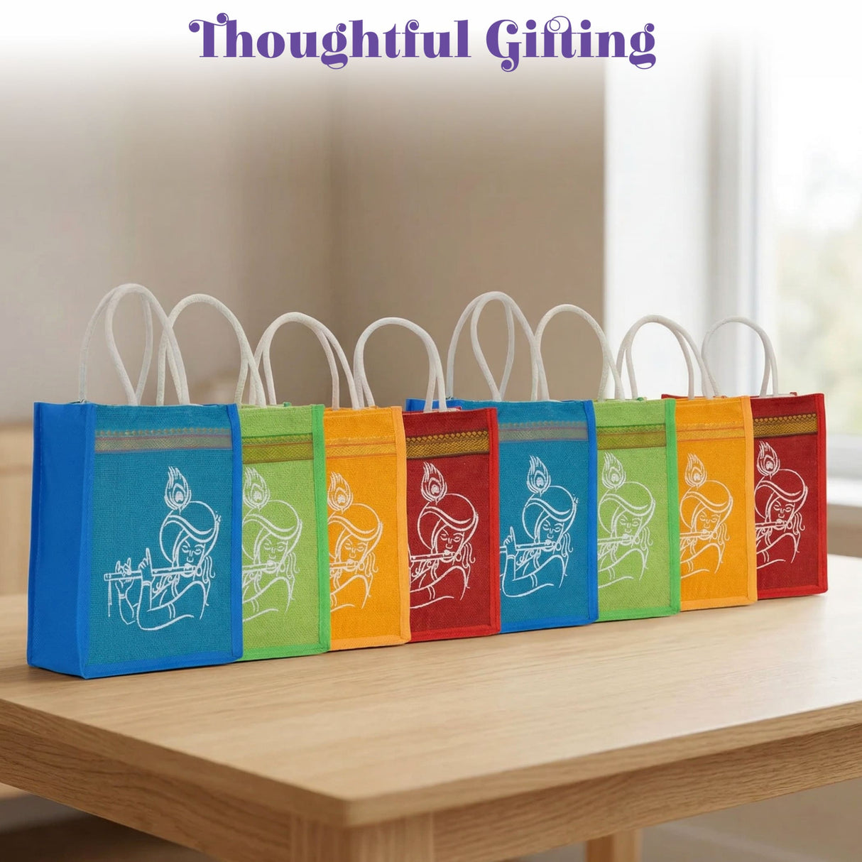 A set of six colorful woven jute bags with krishna print in blue green orange red and yellow with white handles for wedding favors