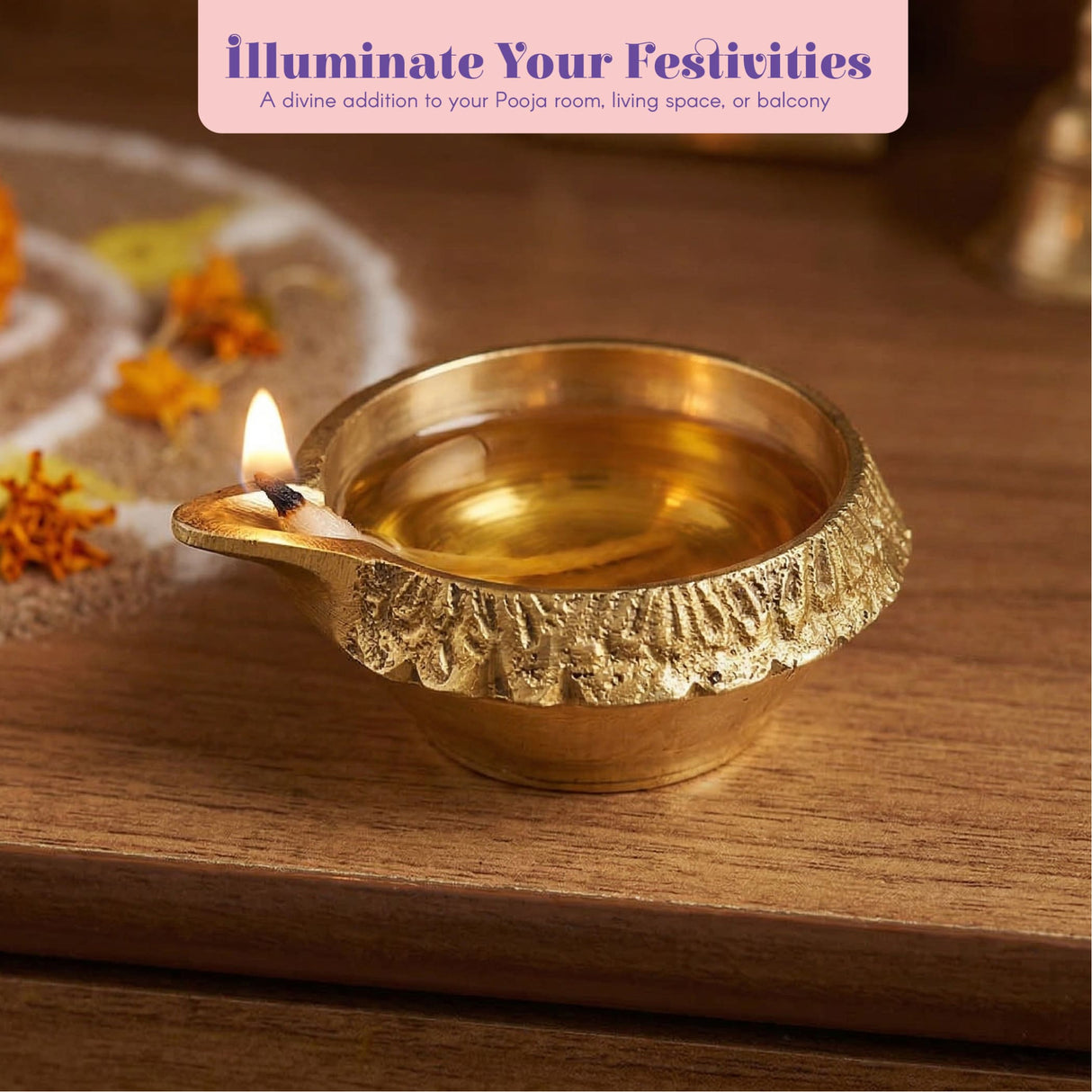 Kuber brass diya with intricate leaf-patterned rim and lit wick for diwali decoration and hindu pooja use