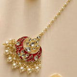 Kundan chand tikka red and gold crescent maang tikka with clear teardrop crystals and cream pearl dangles for weddings